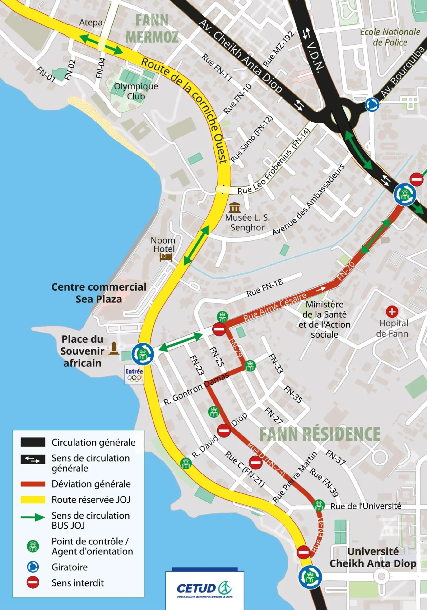 Plan de circulation officiel de la Corniche Ouest, secteur Fann, avec la déviation générale