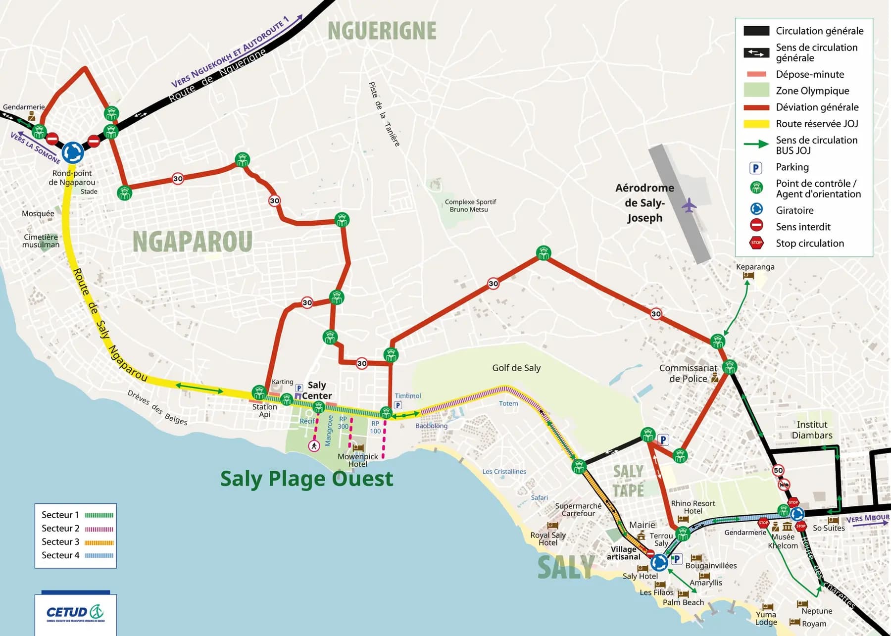 Plan de circulation officiel de Saly, avec les quatre secteurs et la déviation du triathlon